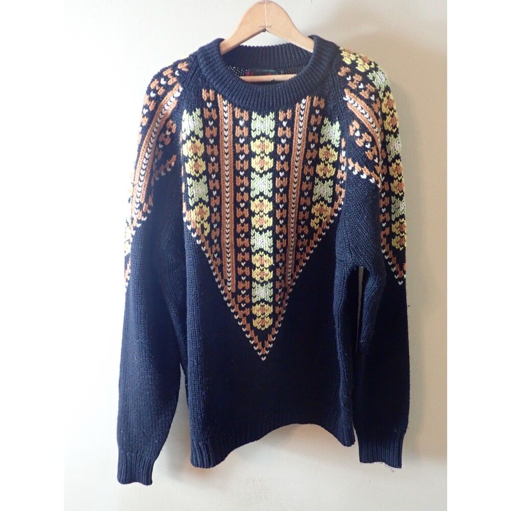 Sigallo Vintage Wool Thick Knit Fair Isle Nordic Black Large Crew Sweater Retro